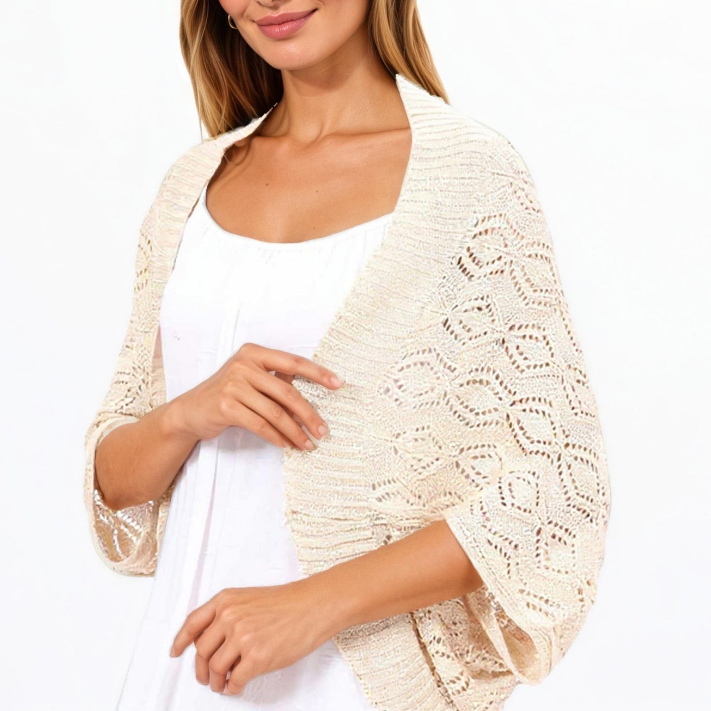 Anna-Kaci Women' s Open Knit Shrug Cardigan with Delicate Textured Pattern and Lightweight Drape for Everyday Tops