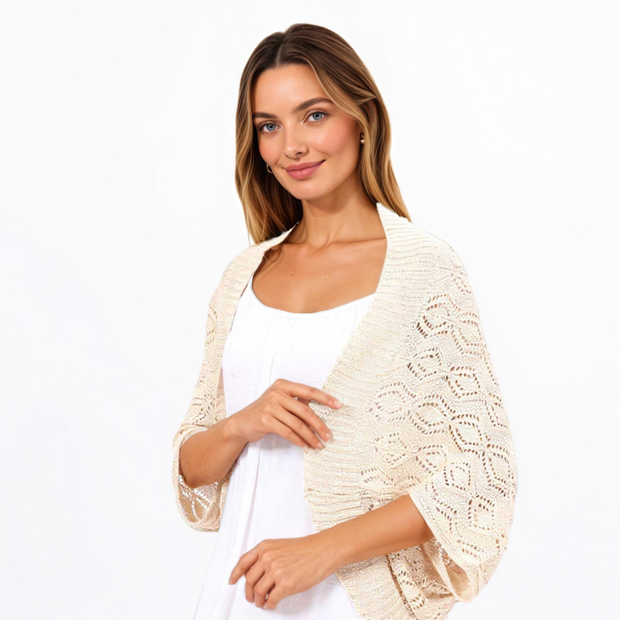 Anna-Kaci Women' s Open Knit Shrug Cardigan with Delicate Textured Pattern and Lightweight Drape for Everyday Tops
