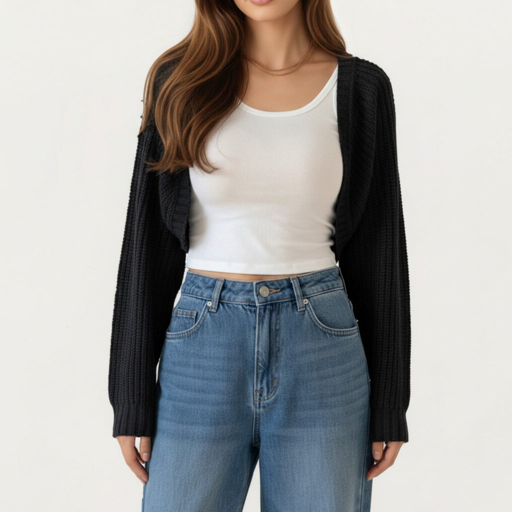 Anna-Kaci Women' s Cropped Knit Shrug Cardigan with Long Sleeves Soft Textured Rib Fabric and Open Front Bolero Silhouette