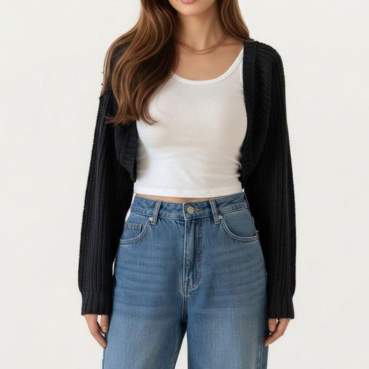 Anna-Kaci Women' s Cropped Knit Shrug Cardigan with Long Sleeves Soft Textured Rib Fabric and Open Front Bolero Silhouette