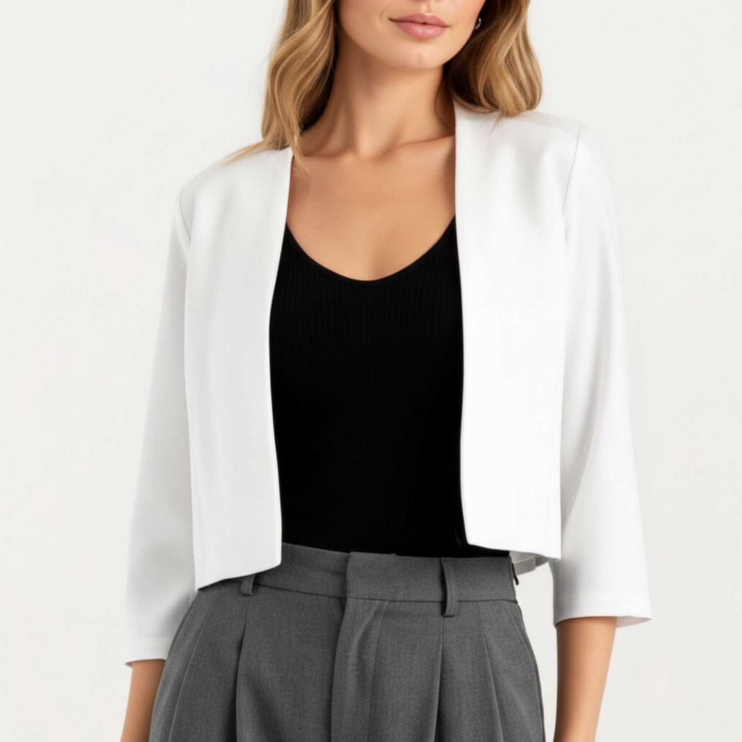 Anna-Kaci Women' s Open Front Cropped Blazer with 3/4 Sleeves Structured Clean Lines and Soft Fabric for a Polished Layered Look