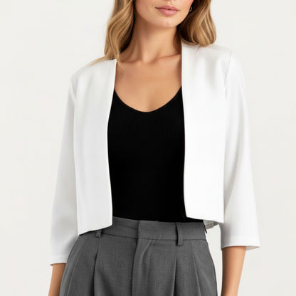 Anna-Kaci Women' s Open Front Cropped Blazer with 3/4 Sleeves Structured Clean Lines and Soft Fabric for a Polished Layered Look