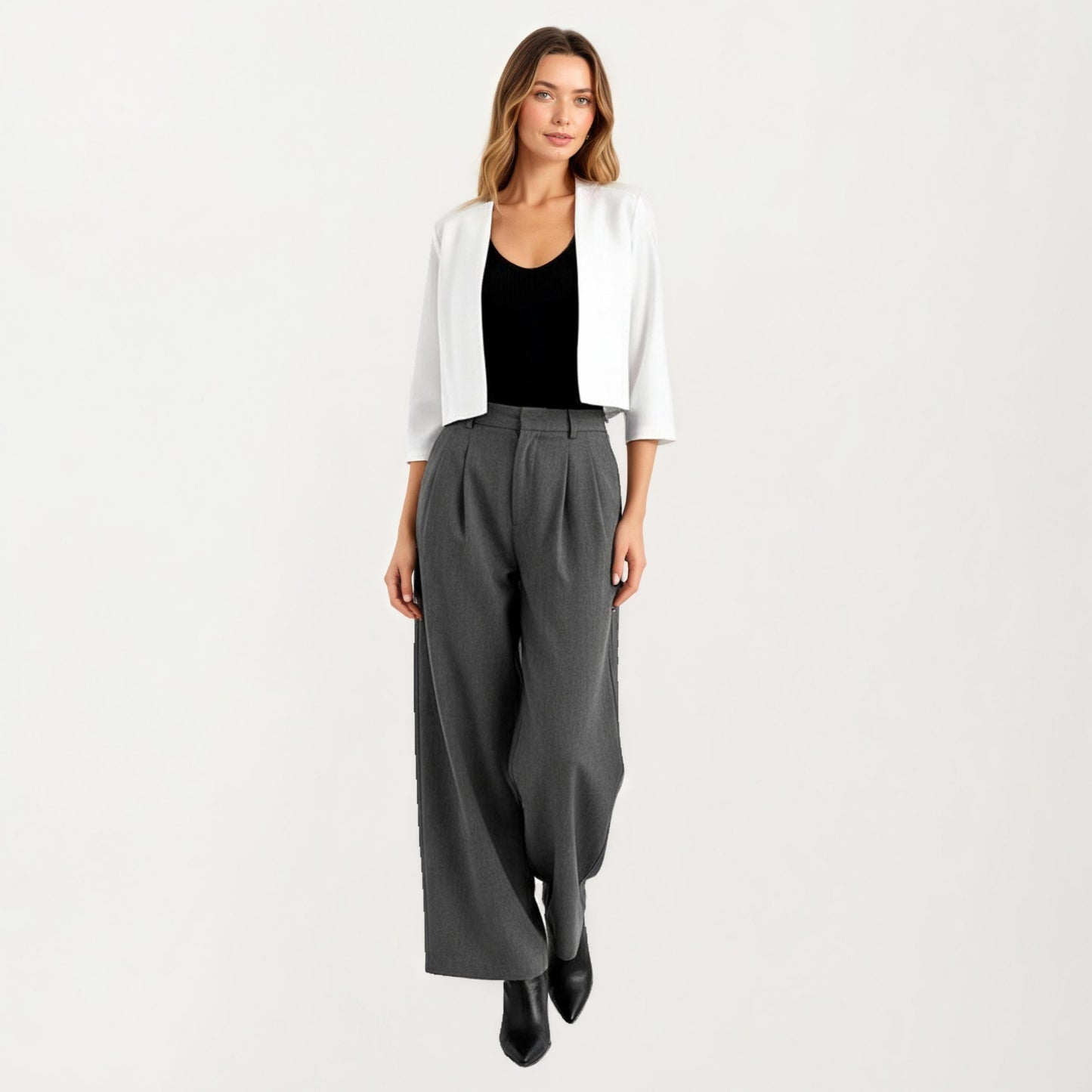 Anna-Kaci Women' s Open Front Cropped Blazer with 3/4 Sleeves Structured Clean Lines and Soft Fabric for a Polished Layered Look