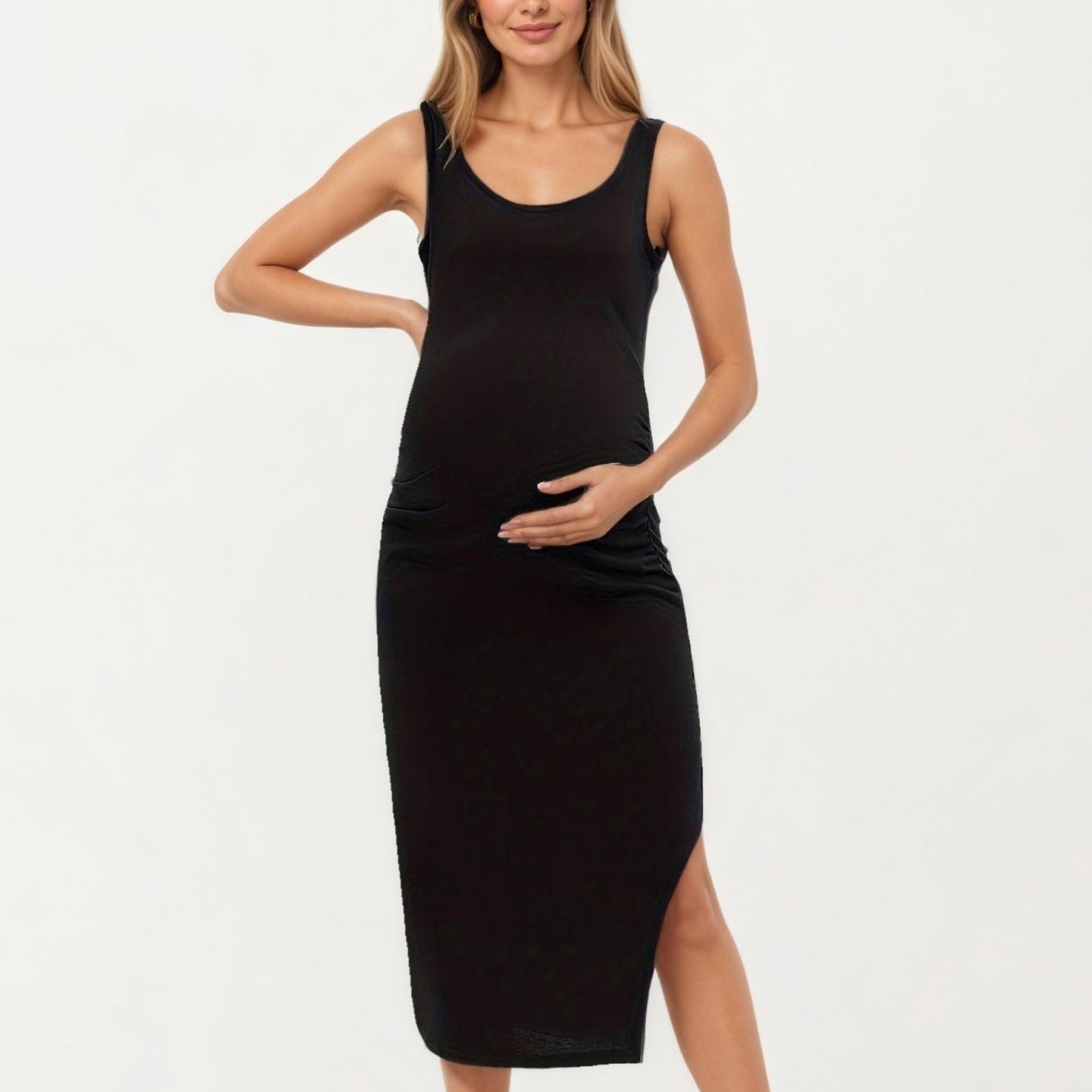 Anna-Kaci Women' s Maternity Tank Midi Dress with Soft Stretch Knit Fabric Flattering Side Ruching and Comfortable Body-Hugging Fit