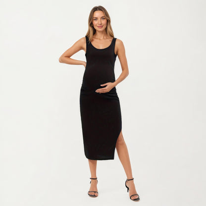 Anna-Kaci Women' s Maternity Tank Midi Dress with Soft Stretch Knit Fabric Flattering Side Ruching and Comfortable Body-Hugging Fit