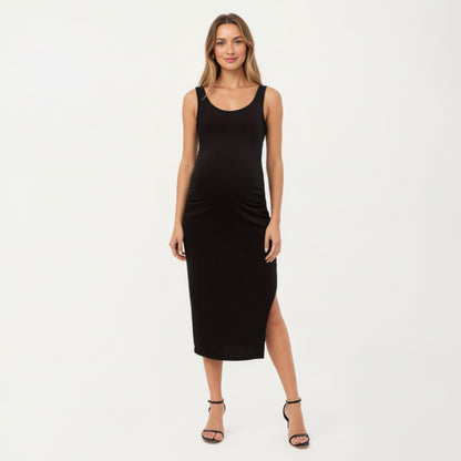 Anna-Kaci Women' s Maternity Tank Midi Dress with Soft Stretch Knit Fabric Flattering Side Ruching and Comfortable Body-Hugging Fit