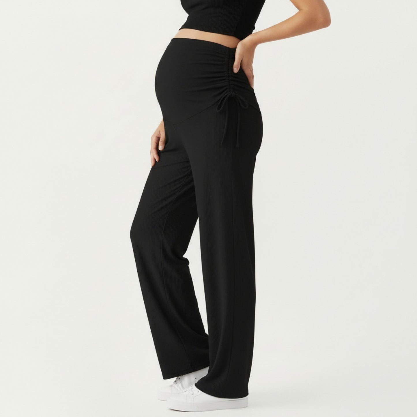 Anna-Kaci Women' s Maternity Wide Leg Pants with Adjustable Ruched Waist Stretch Knit Fabric and Relaxed Full-Length Fit for Comfort