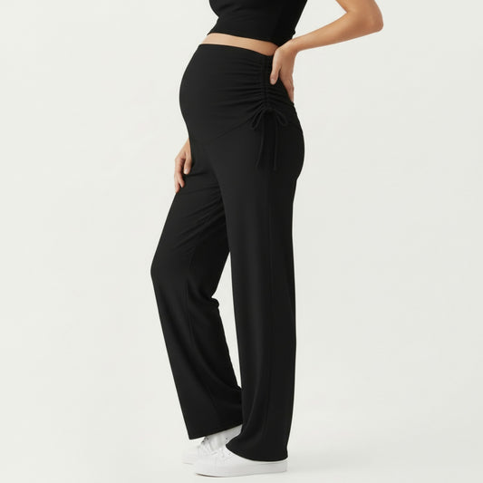 Anna-Kaci Women' s Maternity Wide Leg Pants with Adjustable Ruched Waist Stretch Knit Fabric and Relaxed Full-Length Fit for Comfort