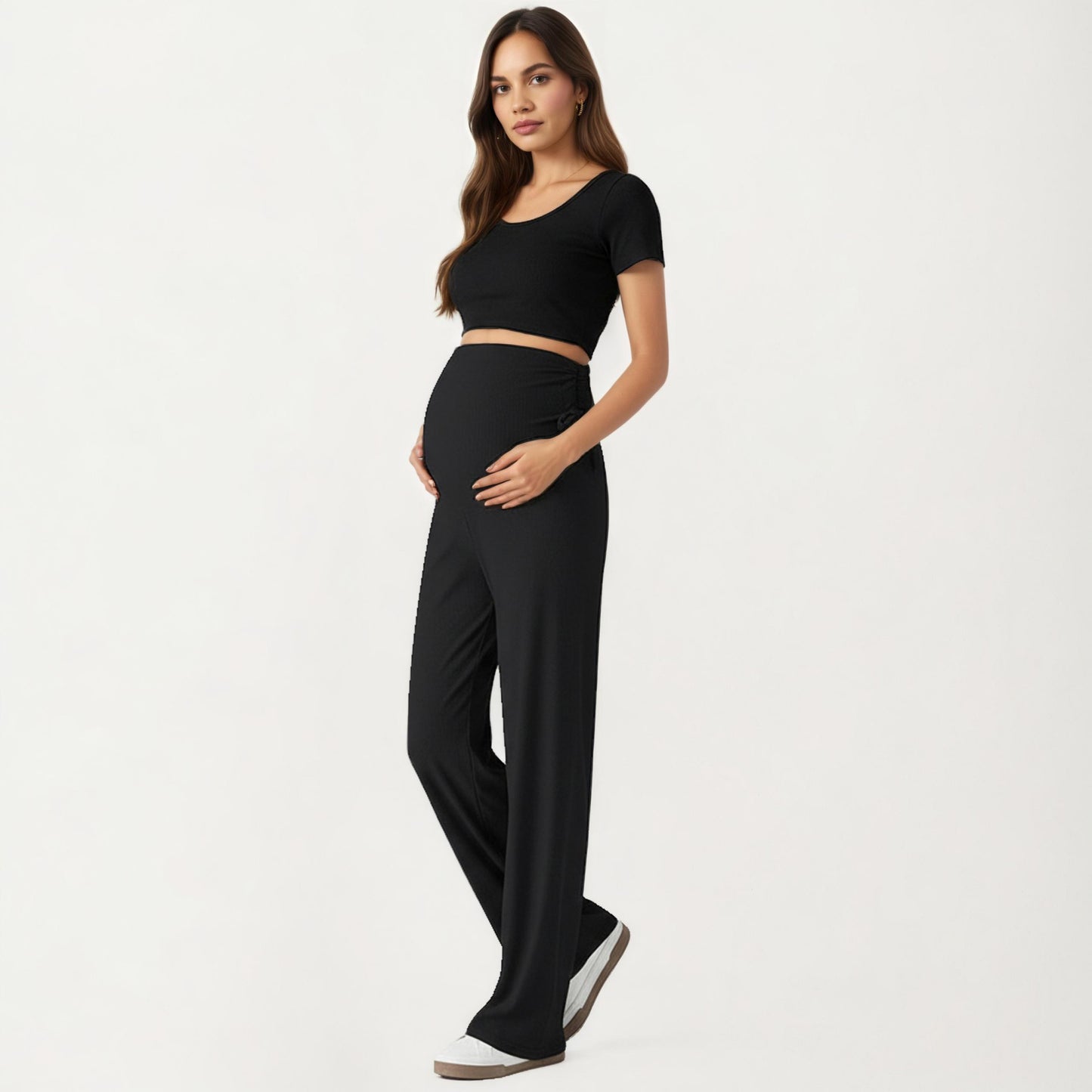 Anna-Kaci Women' s Maternity Wide Leg Pants with Adjustable Ruched Waist Stretch Knit Fabric and Relaxed Full-Length Fit for Comfort