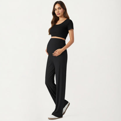 Anna-Kaci Women' s Maternity Wide Leg Pants with Adjustable Ruched Waist Stretch Knit Fabric and Relaxed Full-Length Fit for Comfort