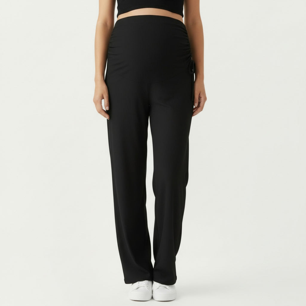 Anna-Kaci Women' s Maternity Wide Leg Pants with Adjustable Ruched Waist Stretch Knit Fabric and Relaxed Full-Length Fit for Comfort