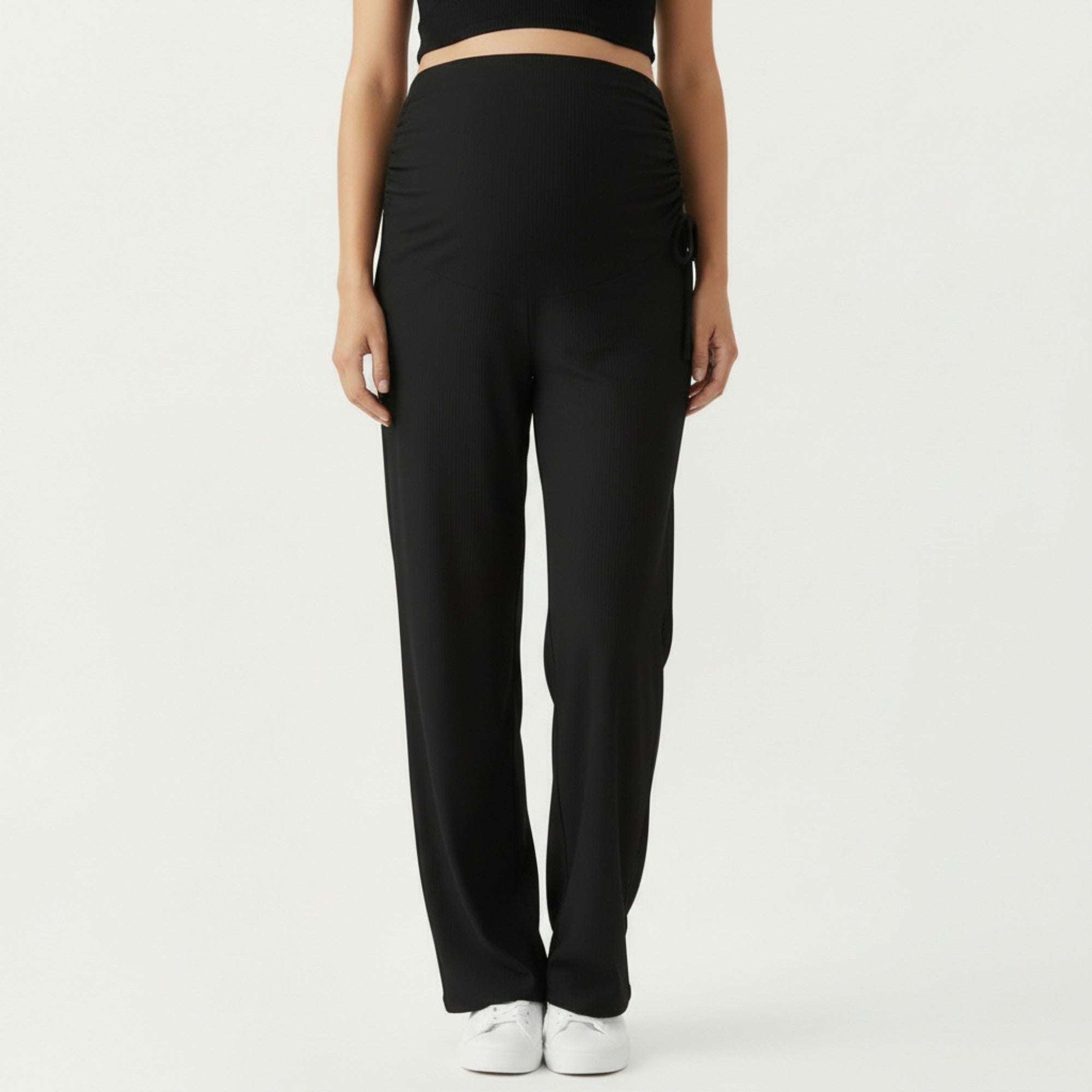 Anna-Kaci Women' s Maternity Wide Leg Pants with Adjustable Ruched Waist Stretch Knit Fabric and Relaxed Full-Length Fit for Comfort