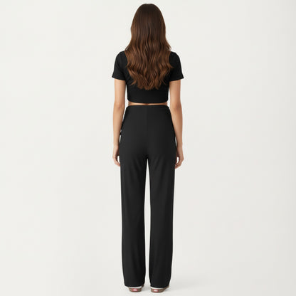 Anna-Kaci Women' s Maternity Wide Leg Pants with Adjustable Ruched Waist Stretch Knit Fabric and Relaxed Full-Length Fit for Comfort