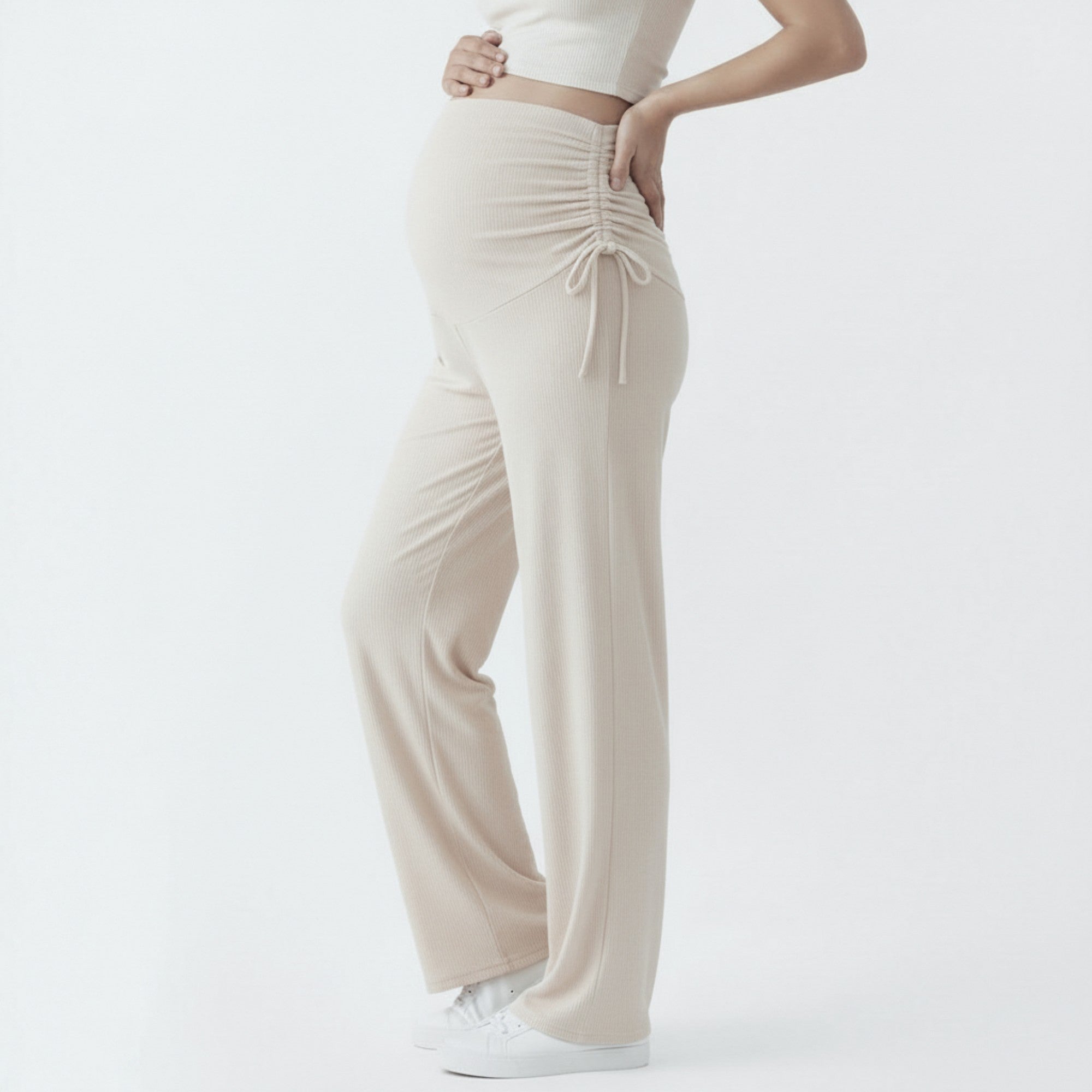 Anna-Kaci Women' s Maternity Wide Leg Pants with Adjustable Ruched Waist Stretch Knit Fabric and Relaxed Full-Length Fit for Comfort