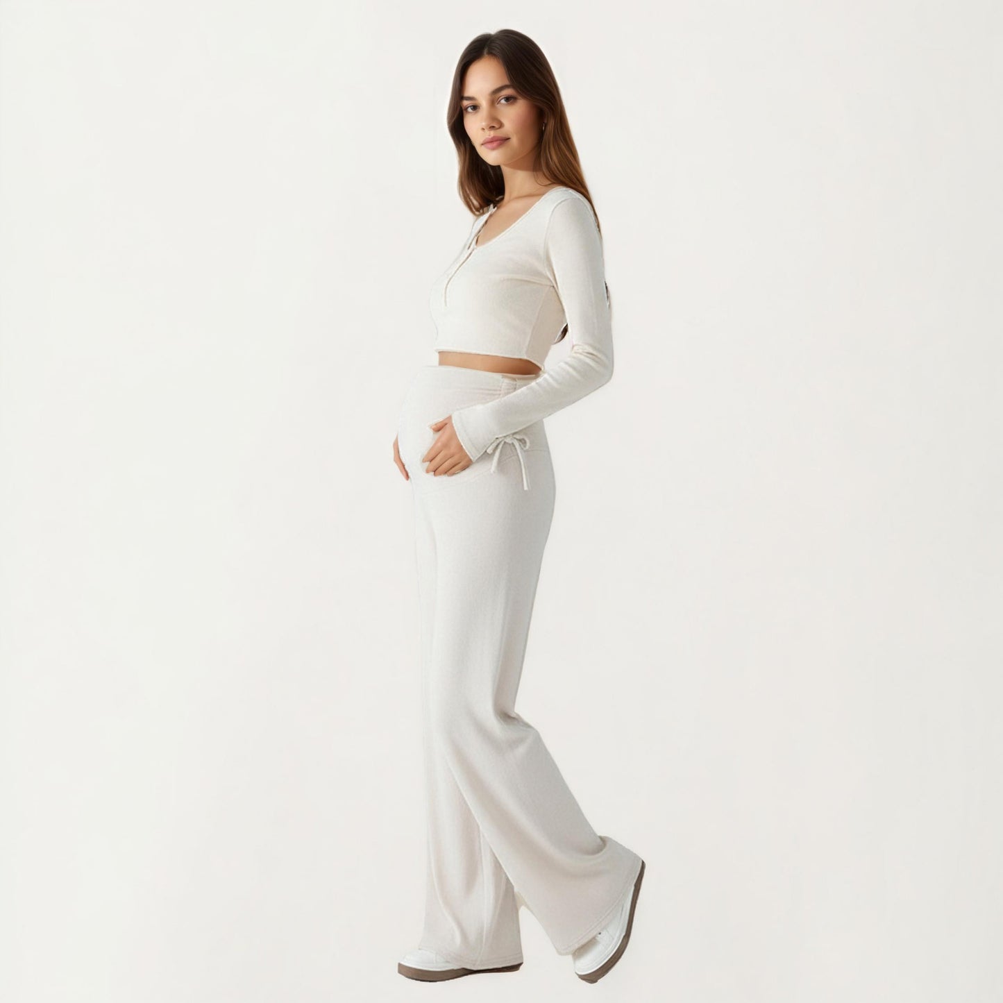 Anna-Kaci Women' s Maternity Wide Leg Pants with Adjustable Ruched Waist Stretch Knit Fabric and Relaxed Full-Length Fit for Comfort