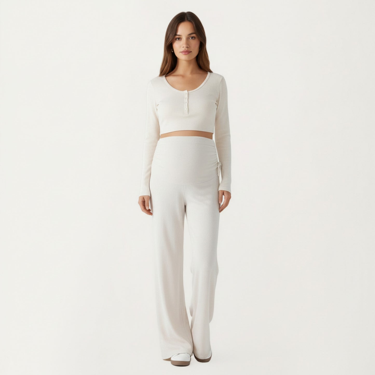 Anna-Kaci Women' s Maternity Wide Leg Pants with Adjustable Ruched Waist Stretch Knit Fabric and Relaxed Full-Length Fit for Comfort