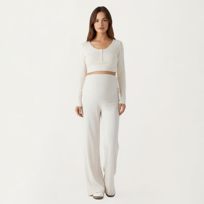 Anna-Kaci Women' s Maternity Wide Leg Pants with Adjustable Ruched Waist Stretch Knit Fabric and Relaxed Full-Length Fit for Comfort