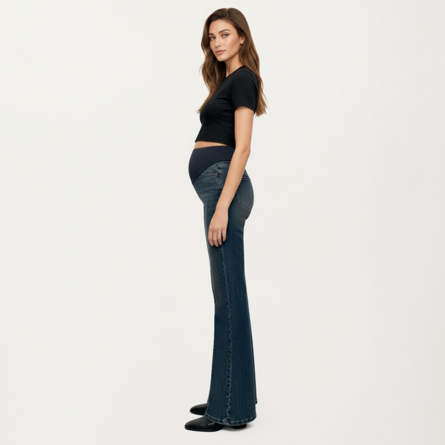 Anna-Kaci Women' s Maternity Full Panel Flare Jeans with Stretch Knit Belly Band Soft Denim Fabric and Comfortable Bootcut Fit