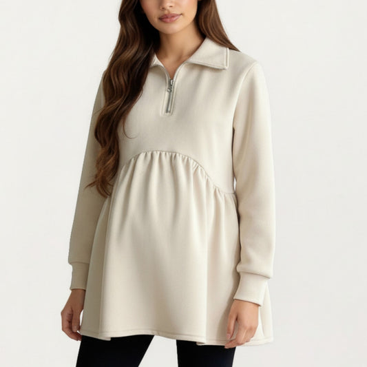 Anna-Kaci Women' s Maternity Quarter Zip Long Sleeve Top with Fleece Feel Elastic Empire Waist and Relaxed Tunic Silhouette