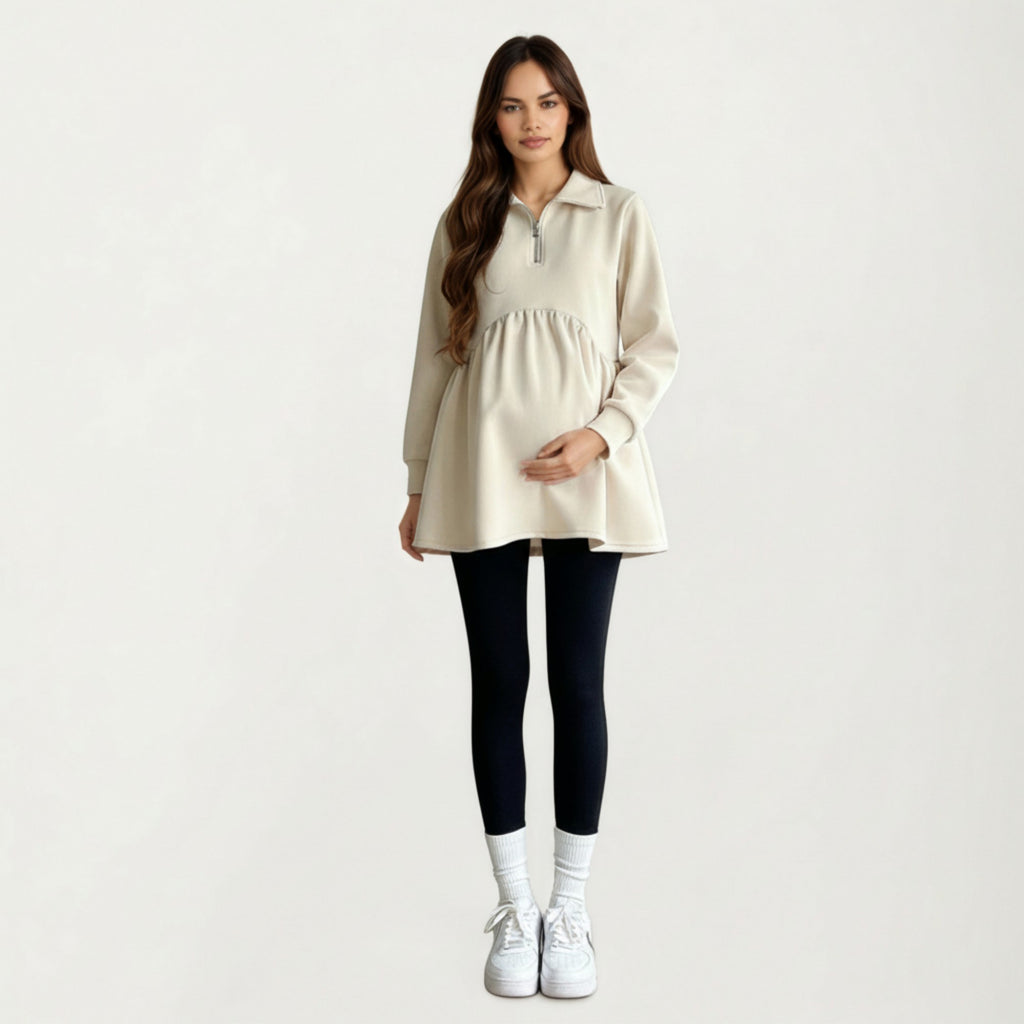 Anna-Kaci Women' s Maternity Quarter Zip Long Sleeve Top with Fleece Feel Elastic Empire Waist and Relaxed Tunic Silhouette