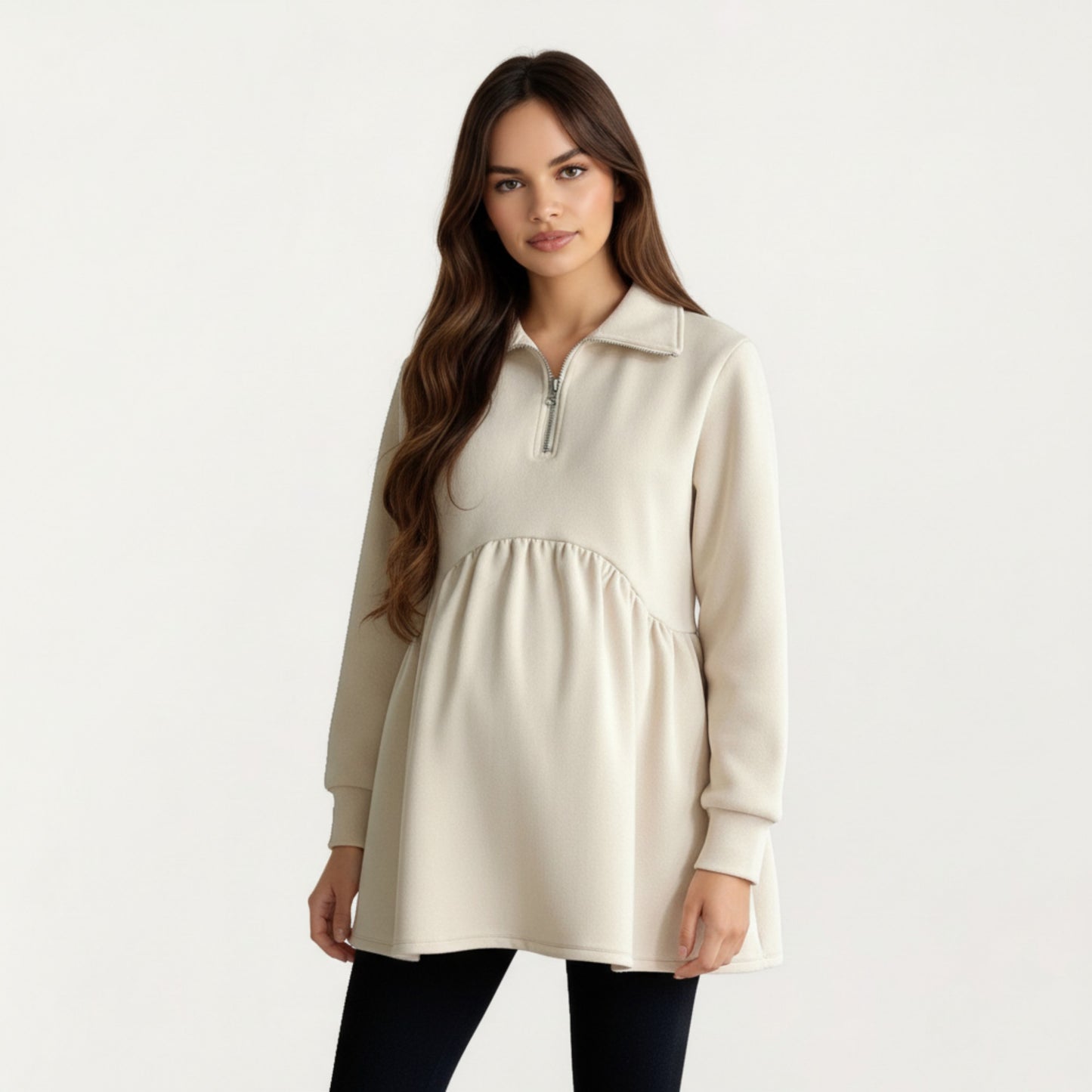 Anna-Kaci Women' s Maternity Quarter Zip Long Sleeve Top with Fleece Feel Elastic Empire Waist and Relaxed Tunic Silhouette