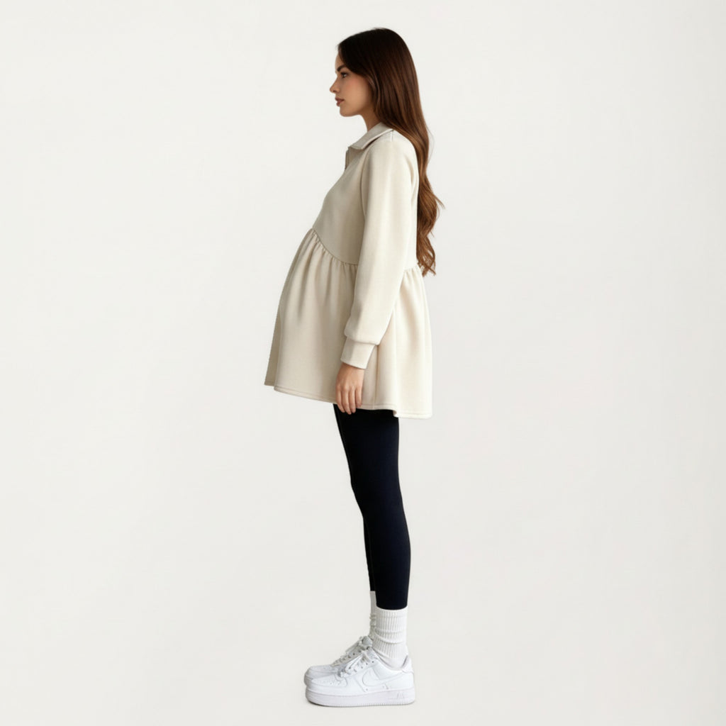 Anna-Kaci Women' s Maternity Quarter Zip Long Sleeve Top with Fleece Feel Elastic Empire Waist and Relaxed Tunic Silhouette