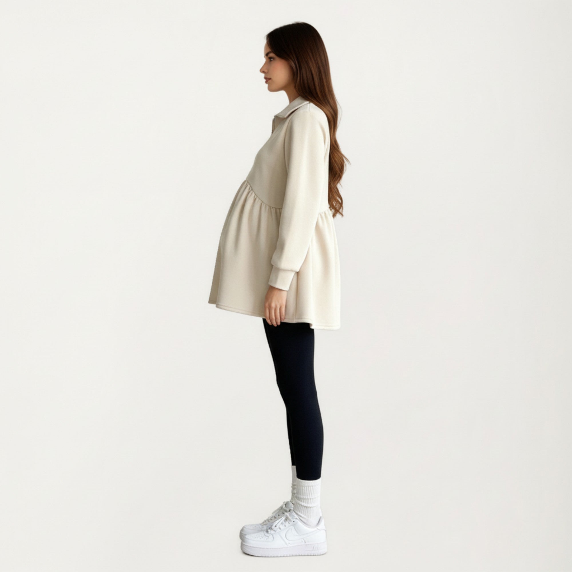 Anna-Kaci Women' s Maternity Quarter Zip Long Sleeve Top with Fleece Feel Elastic Empire Waist and Relaxed Tunic Silhouette