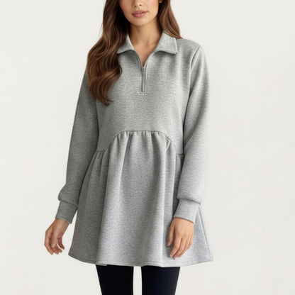 Anna-Kaci Women' s Maternity Quarter Zip Long Sleeve Top with Fleece Feel Elastic Empire Waist and Relaxed Tunic Silhouette