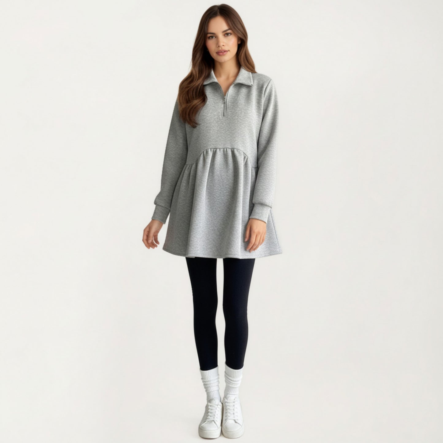 Anna-Kaci Women' s Maternity Quarter Zip Long Sleeve Top with Fleece Feel Elastic Empire Waist and Relaxed Tunic Silhouette