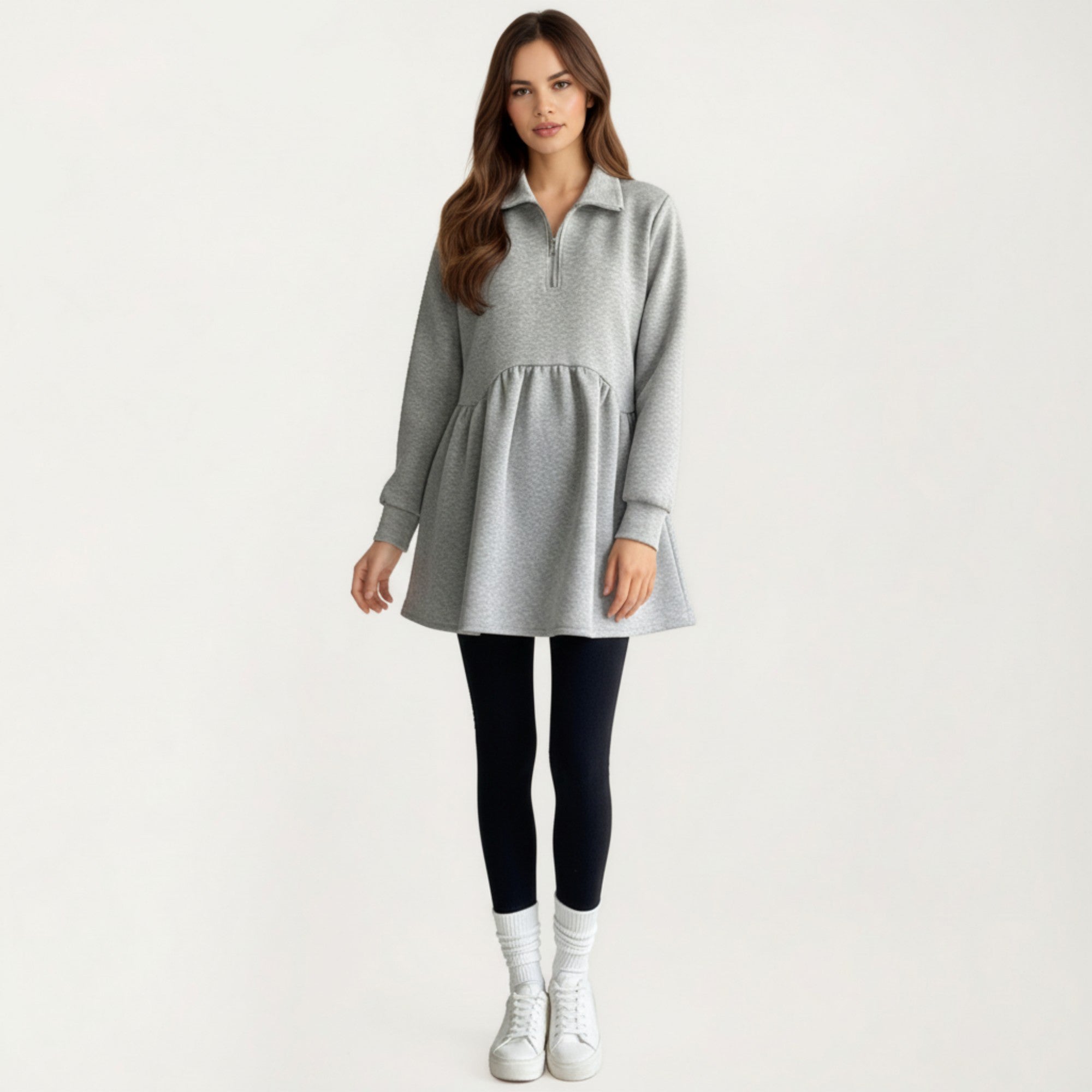 Anna-Kaci Women' s Maternity Quarter Zip Long Sleeve Top with Fleece Feel Elastic Empire Waist and Relaxed Tunic Silhouette