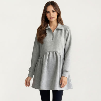 Anna-Kaci Women' s Maternity Quarter Zip Long Sleeve Top with Fleece Feel Elastic Empire Waist and Relaxed Tunic Silhouette