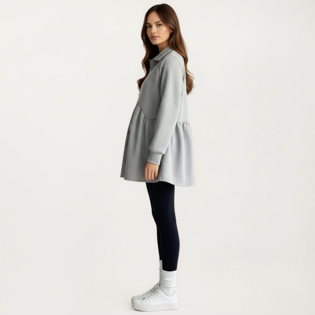 Anna-Kaci Women' s Maternity Quarter Zip Long Sleeve Top with Fleece Feel Elastic Empire Waist and Relaxed Tunic Silhouette