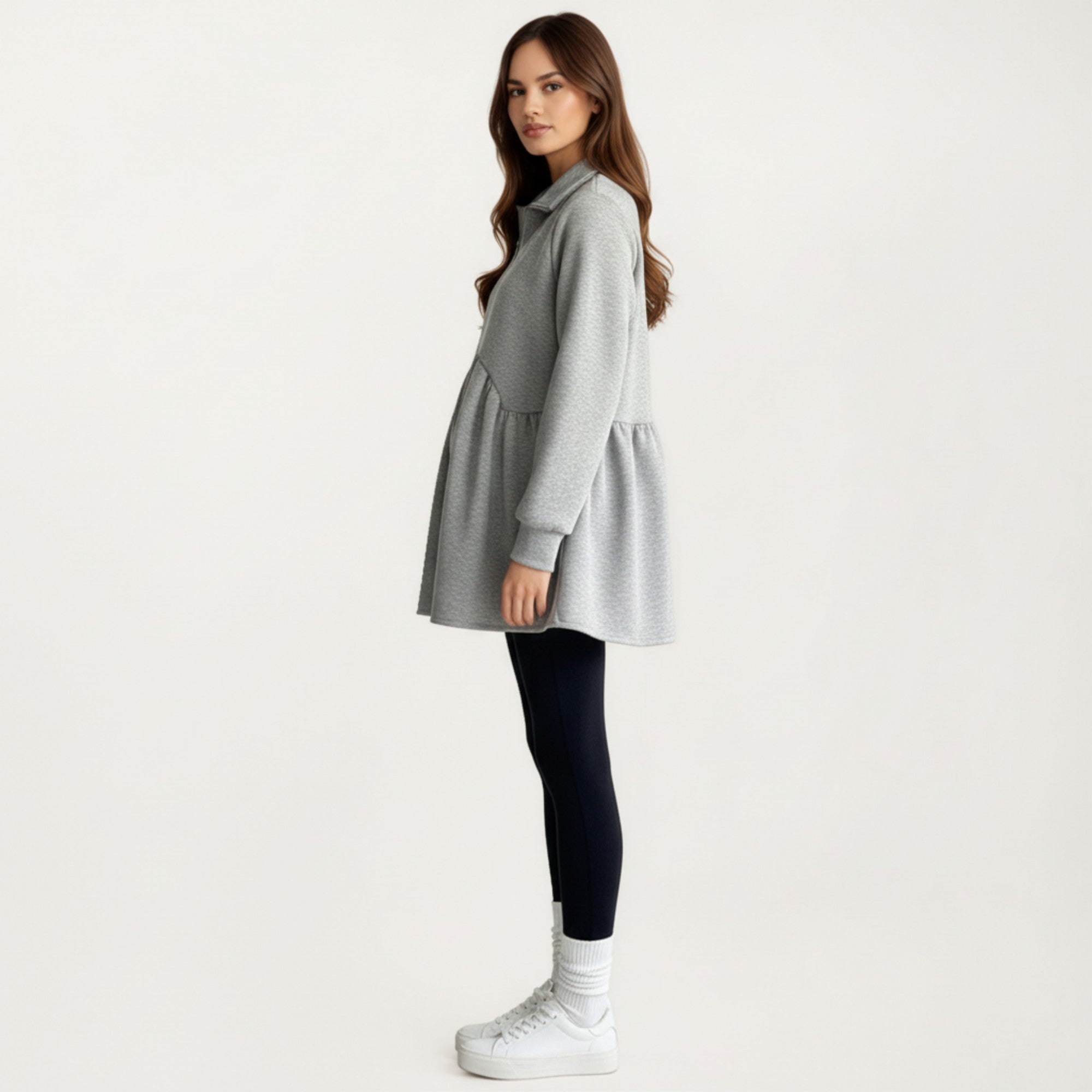 Anna-Kaci Women' s Maternity Quarter Zip Long Sleeve Top with Fleece Feel Elastic Empire Waist and Relaxed Tunic Silhouette