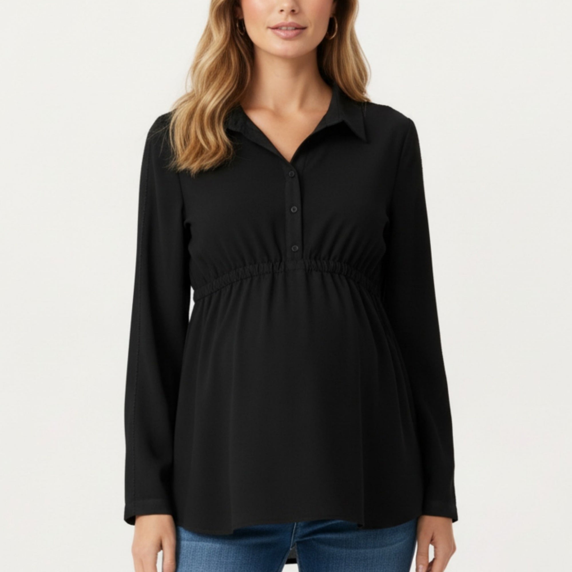 Anna-Kaci Women' s Maternity Long Sleeve Top with Collared Neckline Elastic Empire Waist and Soft Flowing Drape for Everyday Style