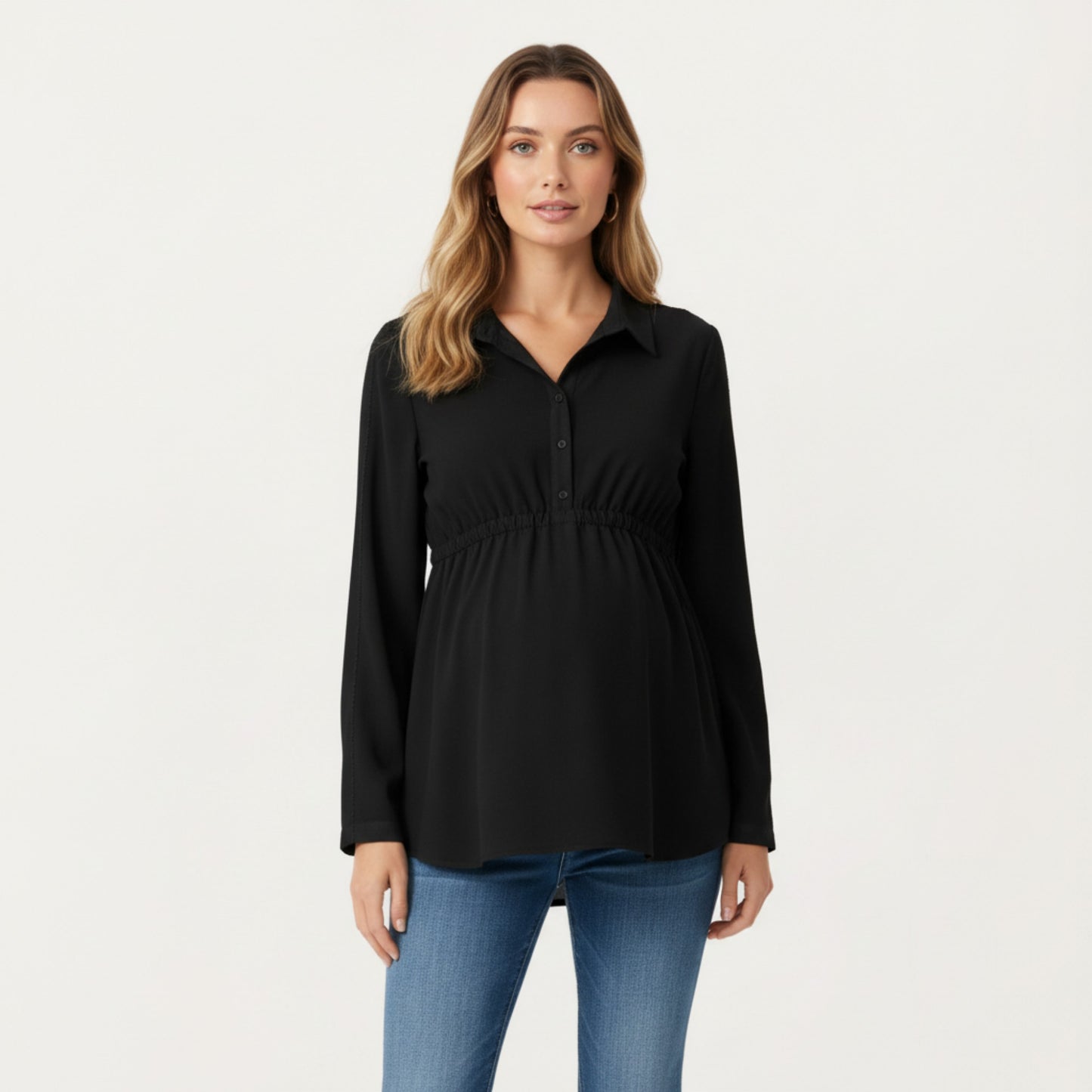 Anna-Kaci Women' s Maternity Long Sleeve Top with Collared Neckline Elastic Empire Waist and Soft Flowing Drape for Everyday Style