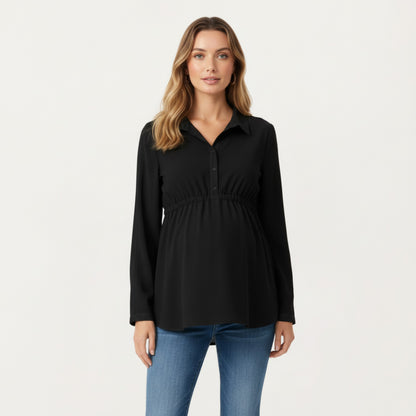 Anna-Kaci Women' s Maternity Long Sleeve Top with Collared Neckline Elastic Empire Waist and Soft Flowing Drape for Everyday Style