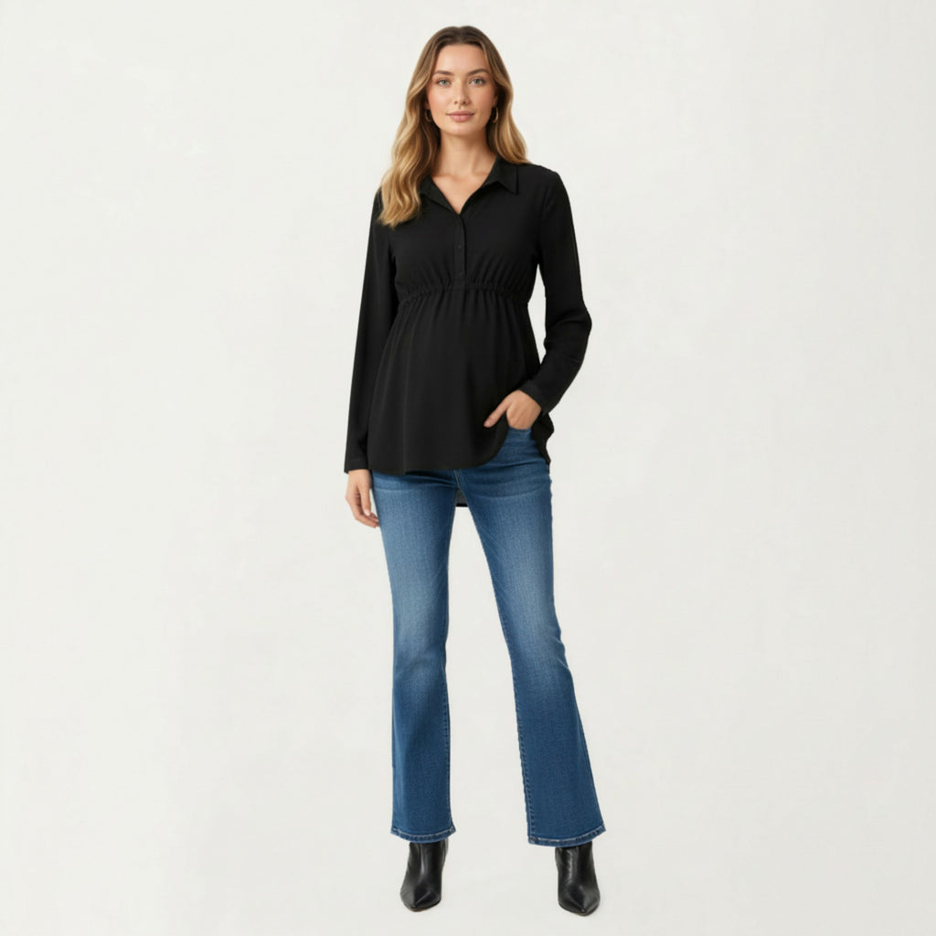 Anna-Kaci Women' s Maternity Long Sleeve Top with Collared Neckline Elastic Empire Waist and Soft Flowing Drape for Everyday Style