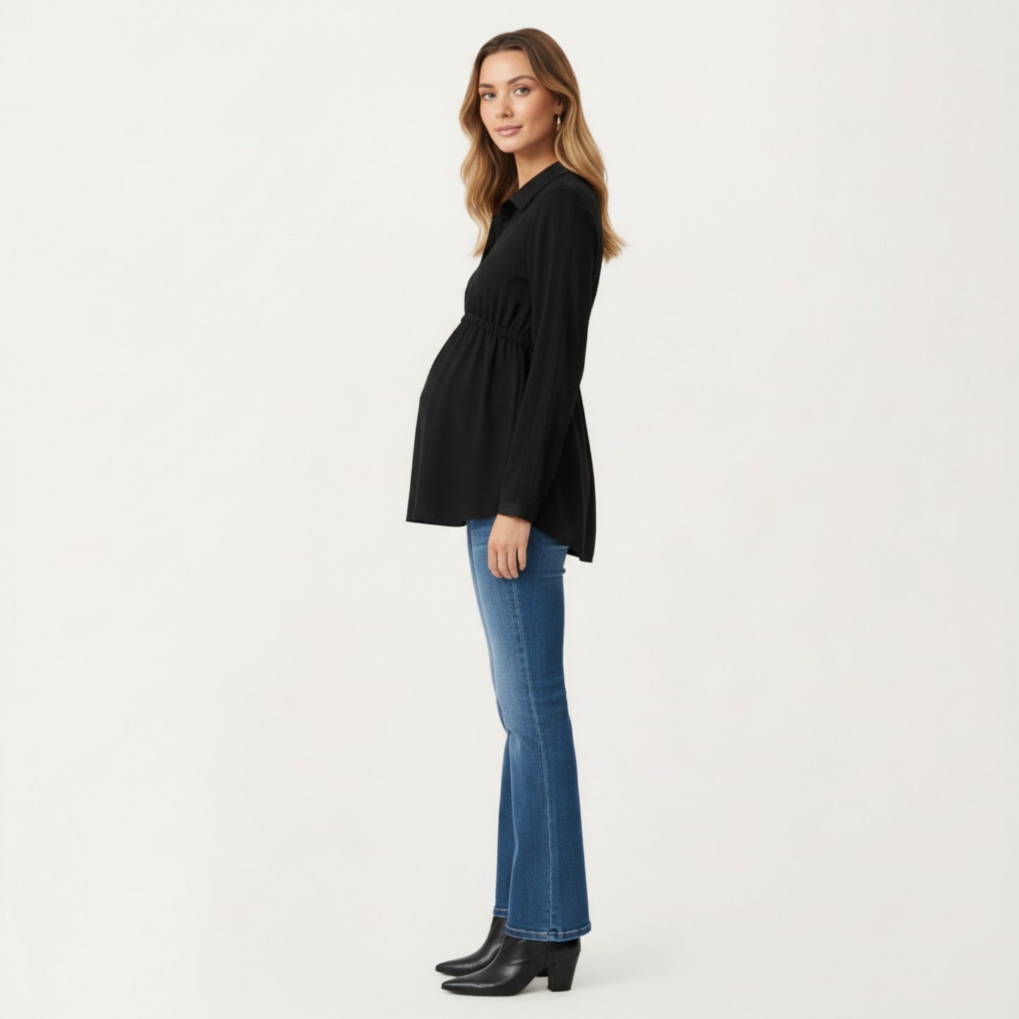 Anna-Kaci Women' s Maternity Long Sleeve Top with Collared Neckline Elastic Empire Waist and Soft Flowing Drape for Everyday Style