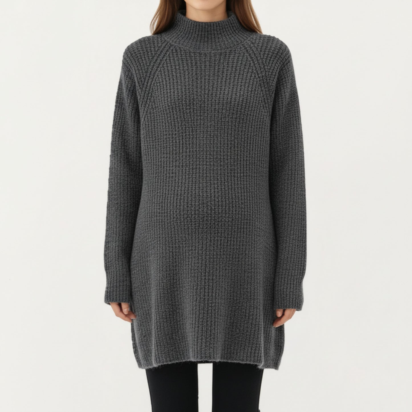 Anna-Kaci Women' s Maternity Textured Knit Sweater Dress with High Mock Neck Long Sleeve Relaxed Fit and Soft Ribbed Detailing