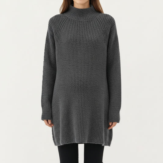 Anna-Kaci Women' s Maternity Textured Knit Sweater Dress with High Mock Neck Long Sleeve Relaxed Fit and Soft Ribbed Detailing