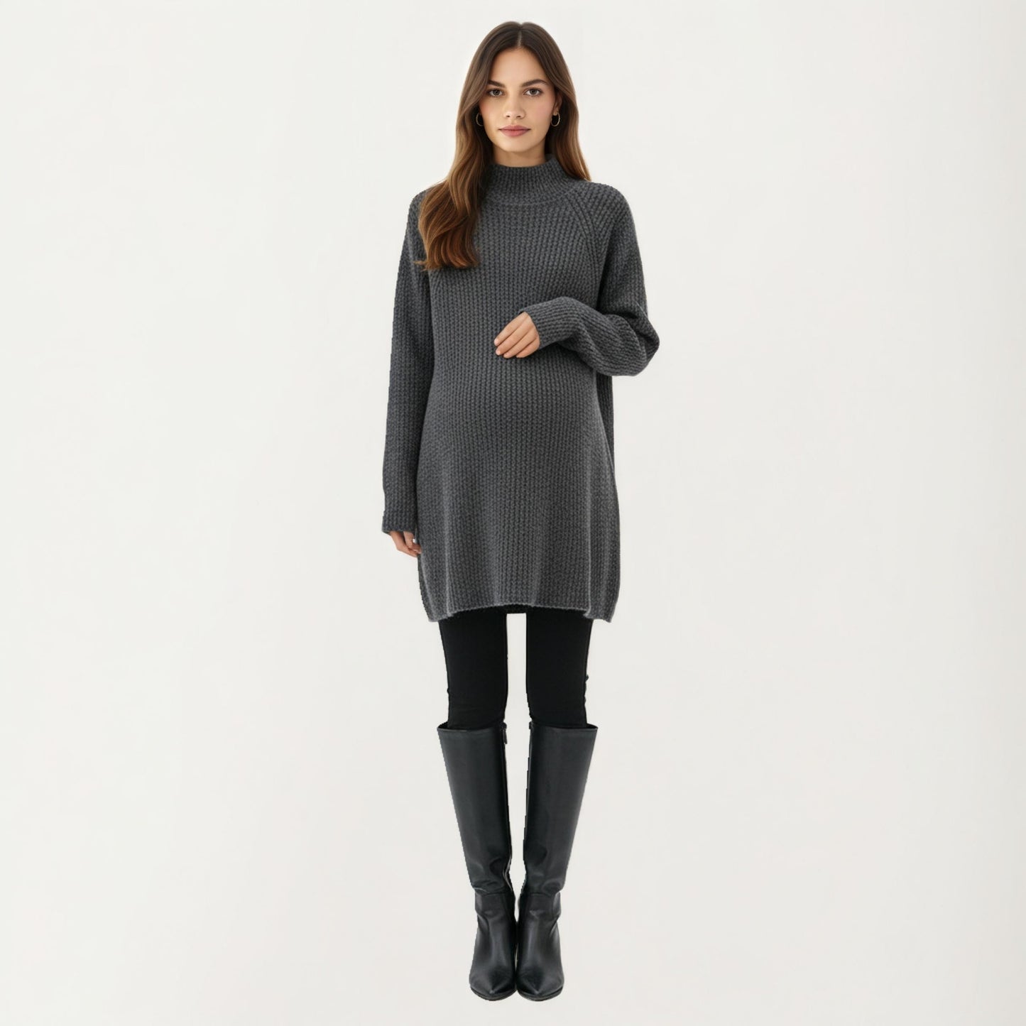Anna-Kaci Women' s Maternity Textured Knit Sweater Dress with High Mock Neck Long Sleeve Relaxed Fit and Soft Ribbed Detailing