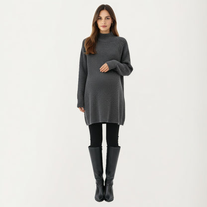 Anna-Kaci Women' s Maternity Textured Knit Sweater Dress with High Mock Neck Long Sleeve Relaxed Fit and Soft Ribbed Detailing