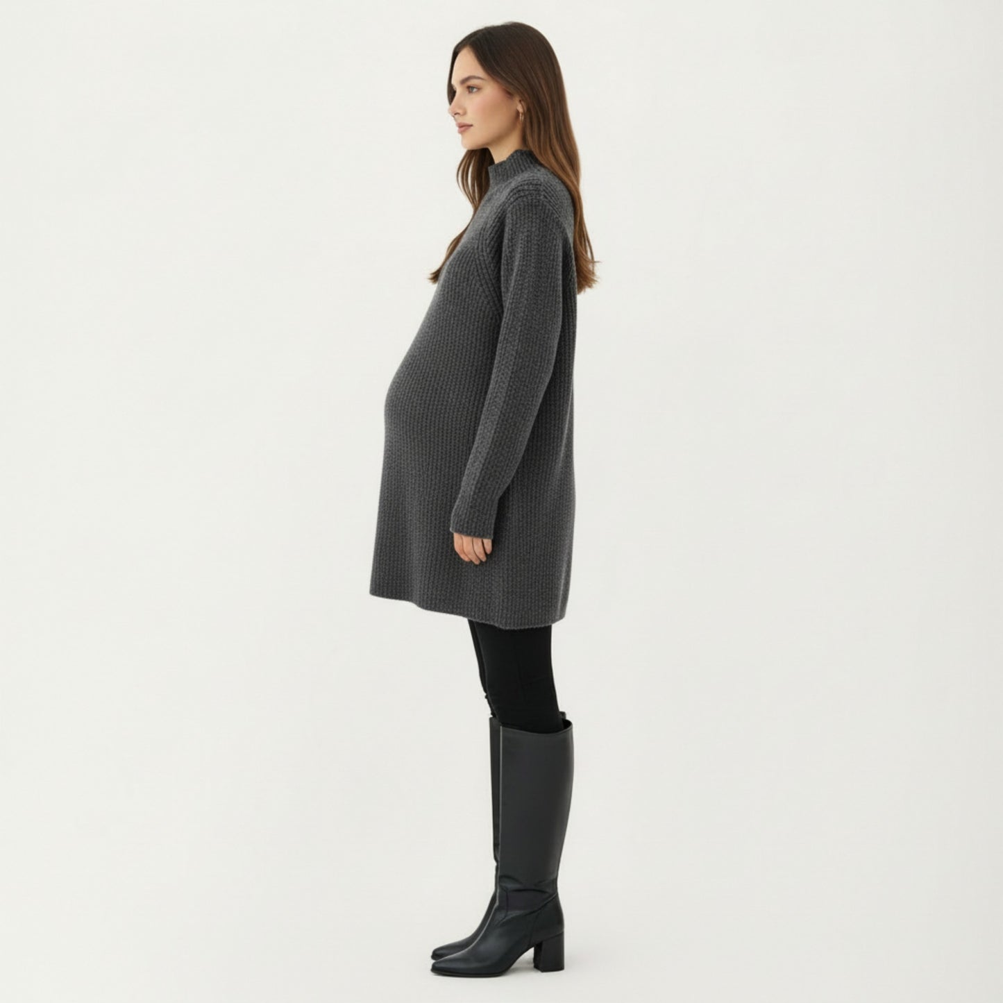Anna-Kaci Women' s Maternity Textured Knit Sweater Dress with High Mock Neck Long Sleeve Relaxed Fit and Soft Ribbed Detailing