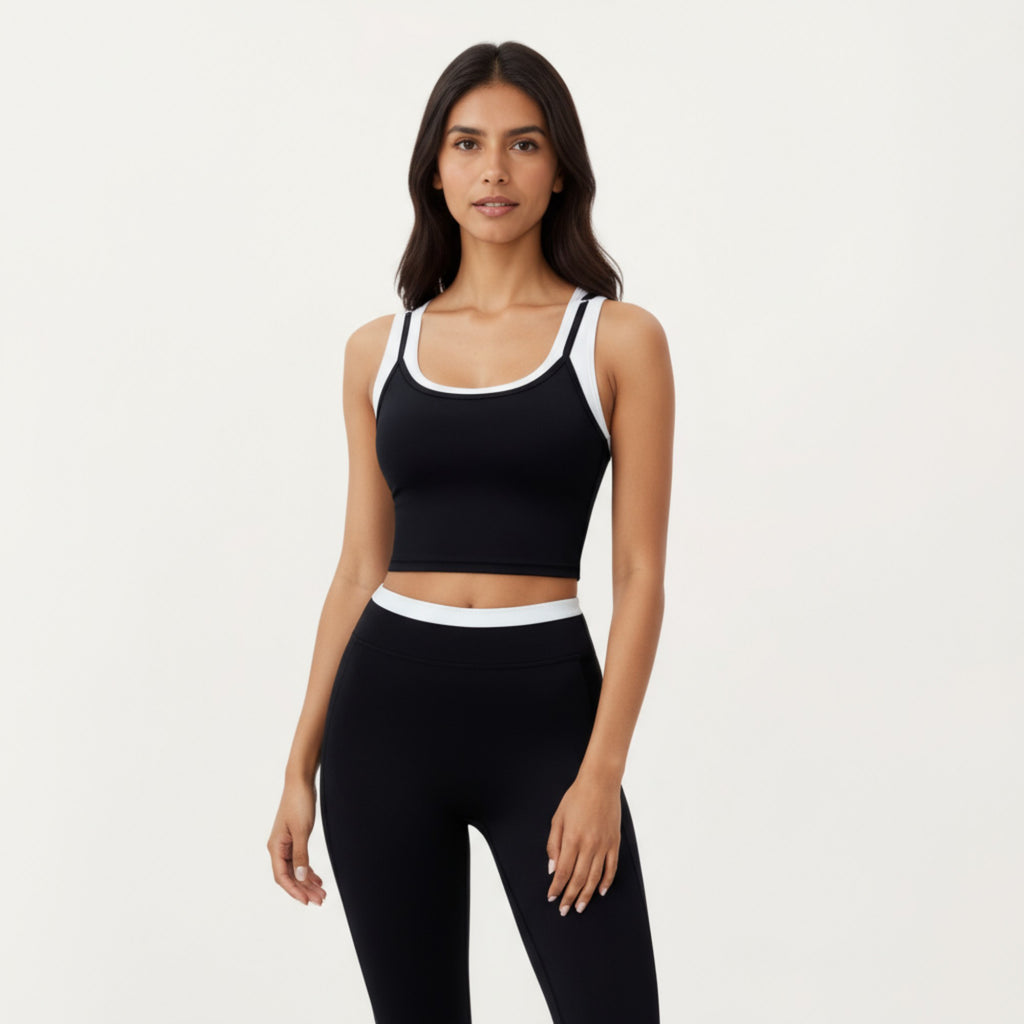 Anna-Kaci Active Women's Fitted Scoop Neck Crop Athletic Tank Top with Contrast Trim Details and Supportive Stretch Performance Fabric