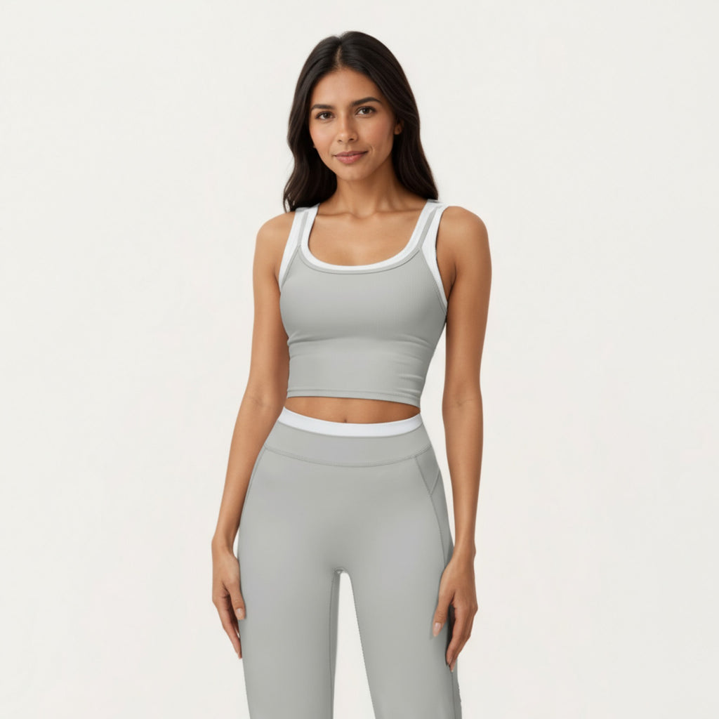 Anna-Kaci Active Women's Fitted Scoop Neck Crop Athletic Tank Top with Contrast Trim Details and Supportive Stretch Performance Fabric