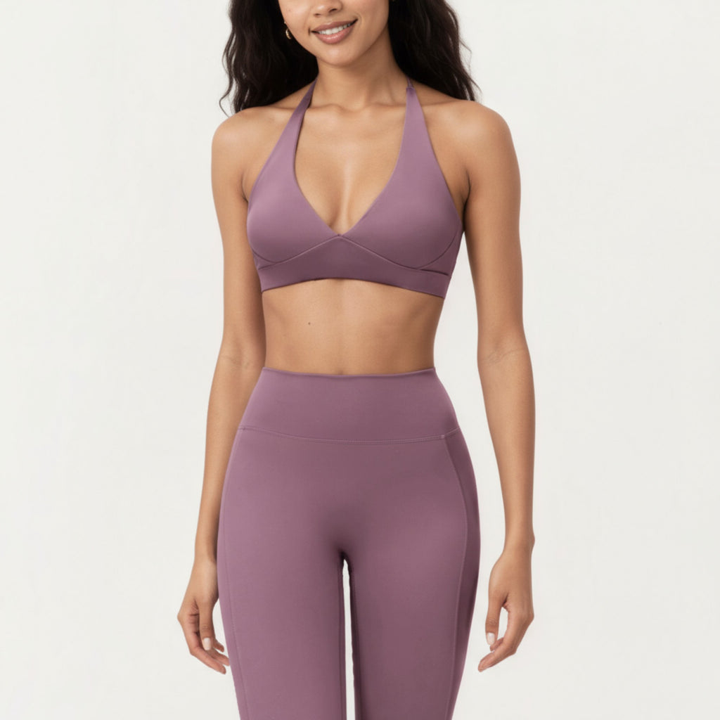 Anna-Kaci Active Women's Halter Neck Sports Bra with Deep V-Front, Wide Underband Support and Smooth Stretch Fabric for a Flattering Active Fit