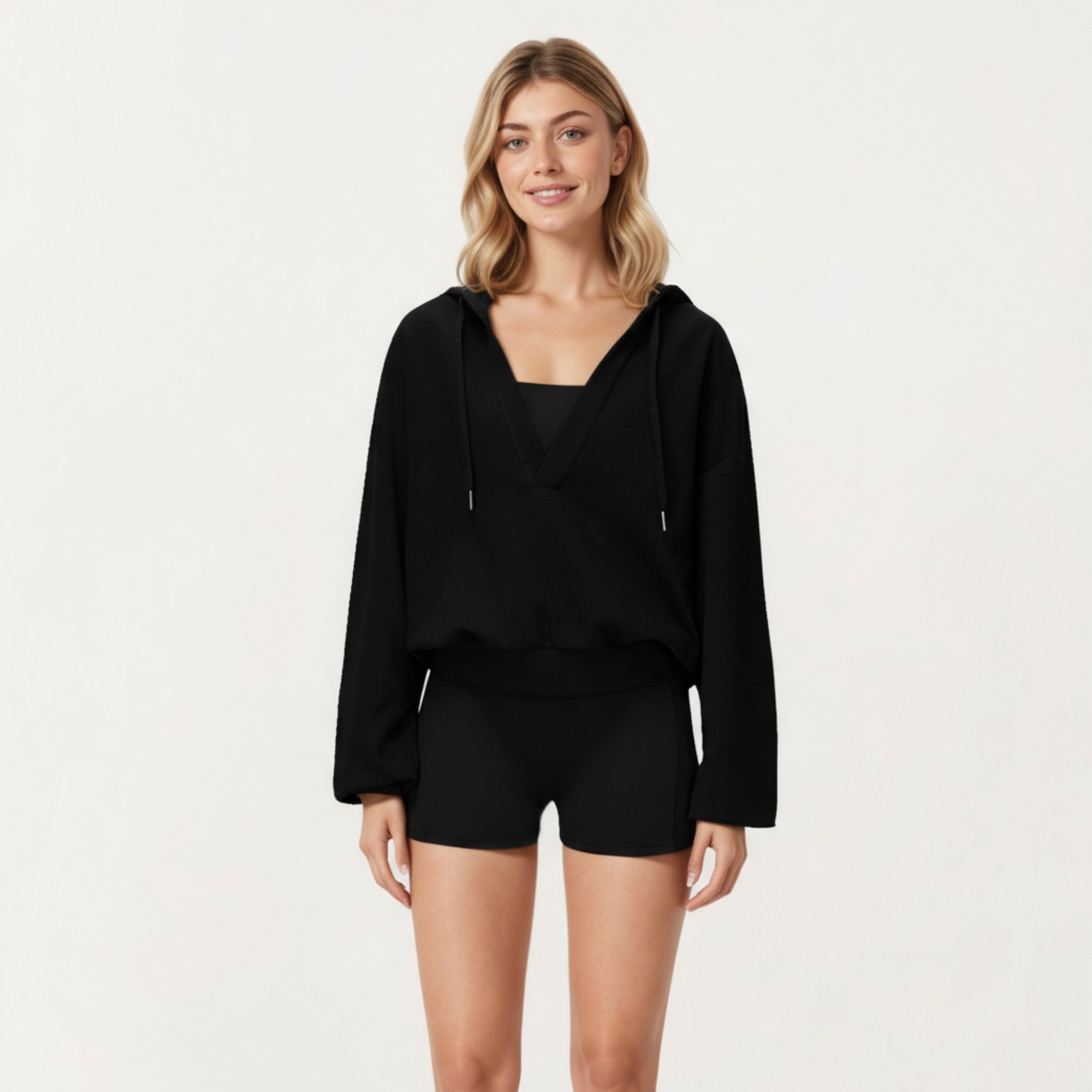 Anna-Kaci Active Women's Waffle Knit Long Sleeve Active Hoodie Top with Deep V-Neckline Relaxed Fit and Soft Stretch Texture for Everyday Comfort