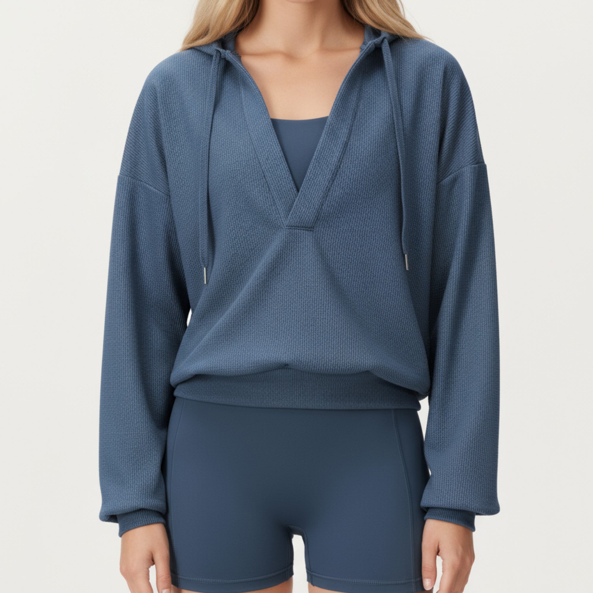 Anna-Kaci Active Women's Waffle Knit Long Sleeve Active Hoodie Top with Deep V-Neckline Relaxed Fit and Soft Stretch Texture for Everyday Comfort