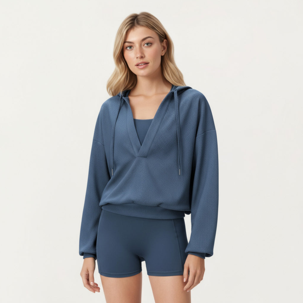 Anna-Kaci Active Women's Waffle Knit Long Sleeve Active Hoodie Top with Deep V-Neckline Relaxed Fit and Soft Stretch Texture for Everyday Comfort