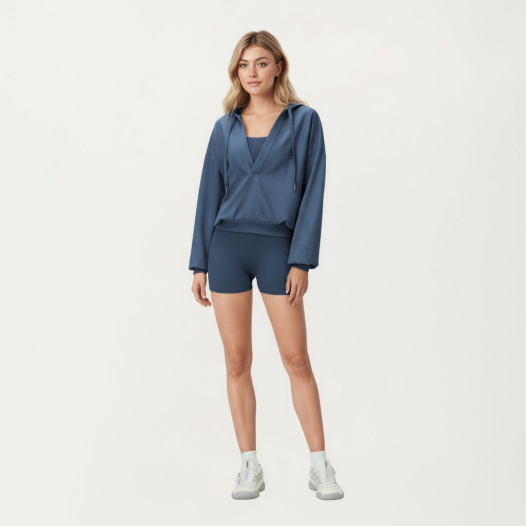 Anna-Kaci Active Women's Waffle Knit Long Sleeve Active Hoodie Top with Deep V-Neckline Relaxed Fit and Soft Stretch Texture for Everyday Comfort